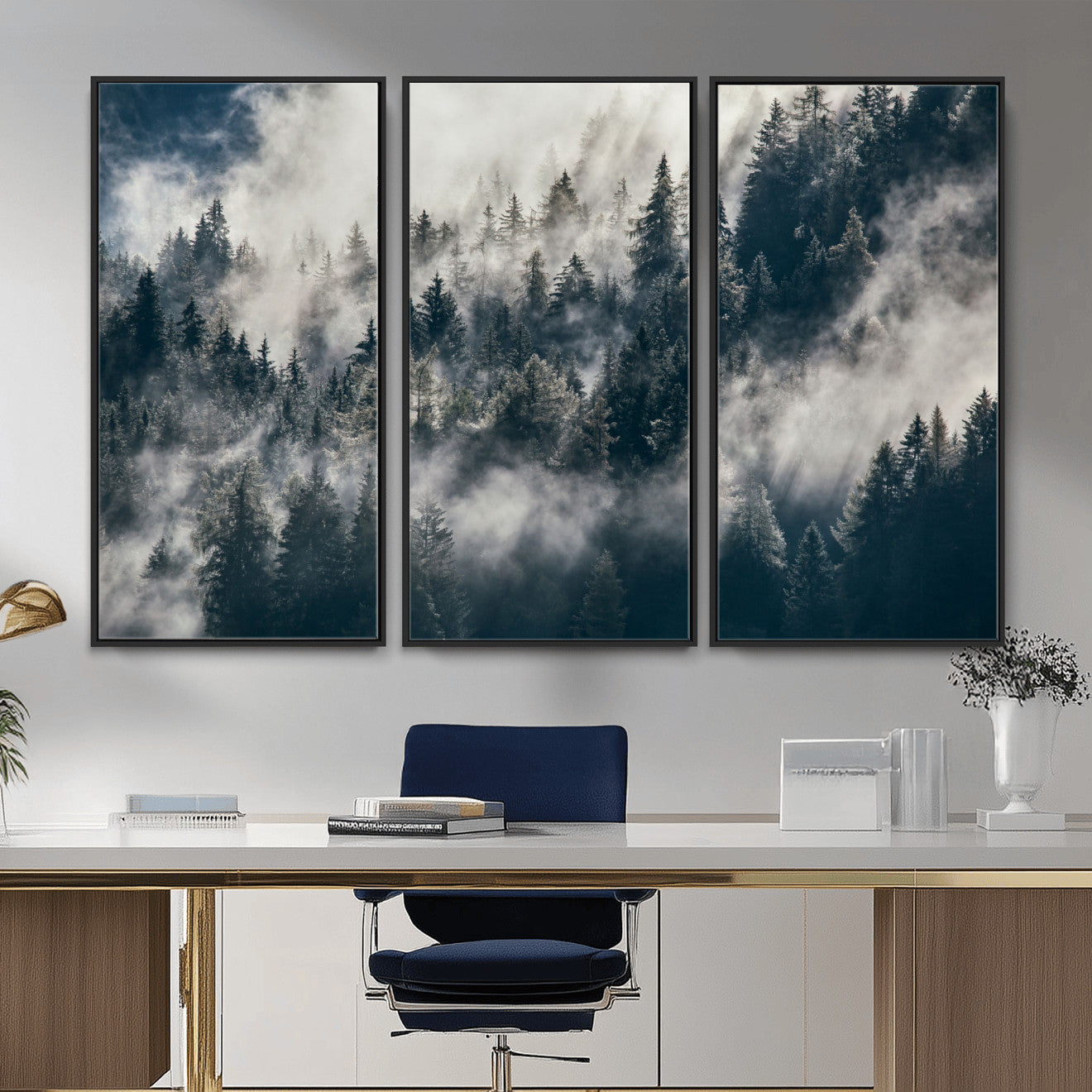 270372951-MGV-FC-48X32-3P - Misty Pine Forest Canvas Wall Art – Dark Forest Mountaing and Nature Landscape Print, Horizontal Canvas Print