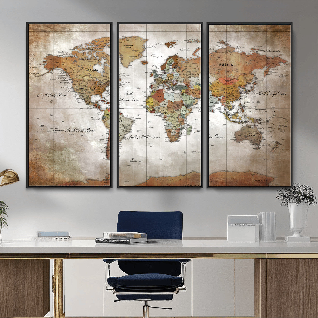 51643807-MGV-CV-36X24 - World Map Wall Art Canvas Print, Modern Decorative Framed Map Artwork Prints for Living Room, Office, Bedroom Wall Decor