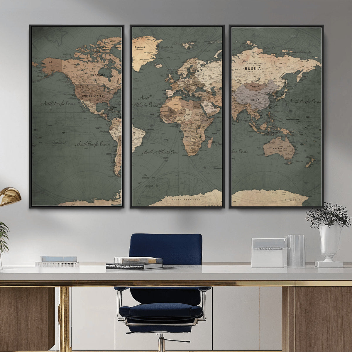 84619399-MGV-CV-36X24 - World Map Wall Art Canvas Print, Modern Decorative Framed Map Artwork Prints for Living Room, Office, Bedroom Wall Decor