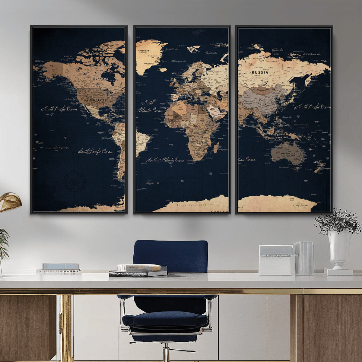 53971530-MGV-CV-36X24 - World Map Wall Art Canvas Print, Modern Decorative Framed Map Artwork Prints for Living Room, Office, Bedroom Wall Decor