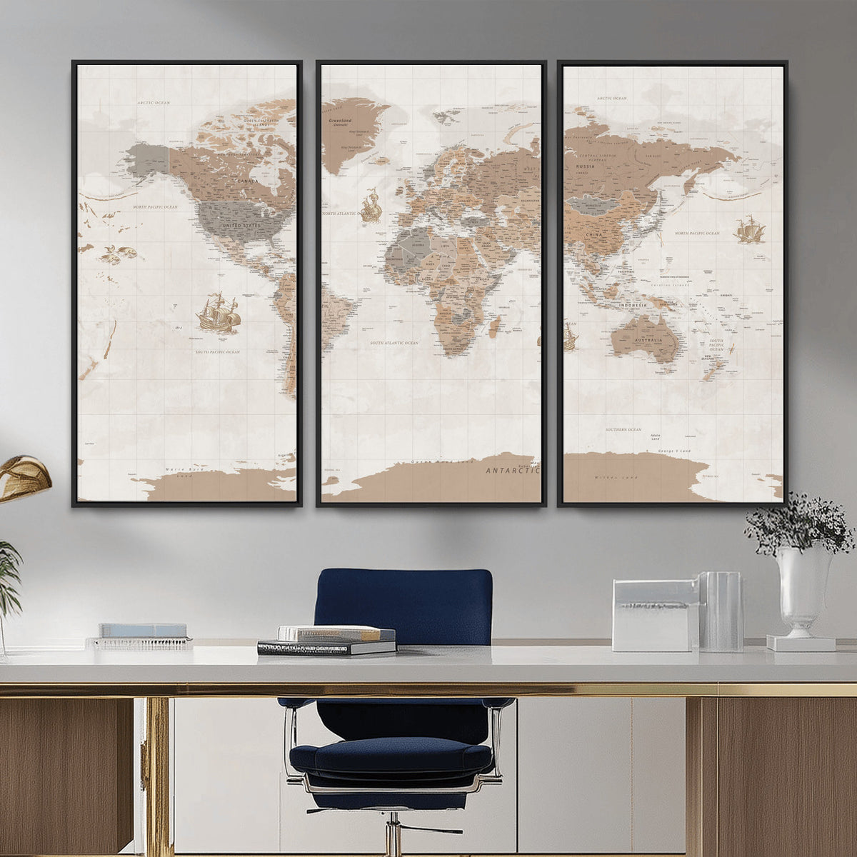 85057279-MGV-CV-36X24 - Framed Large World Map Canvas Print for Office Decor