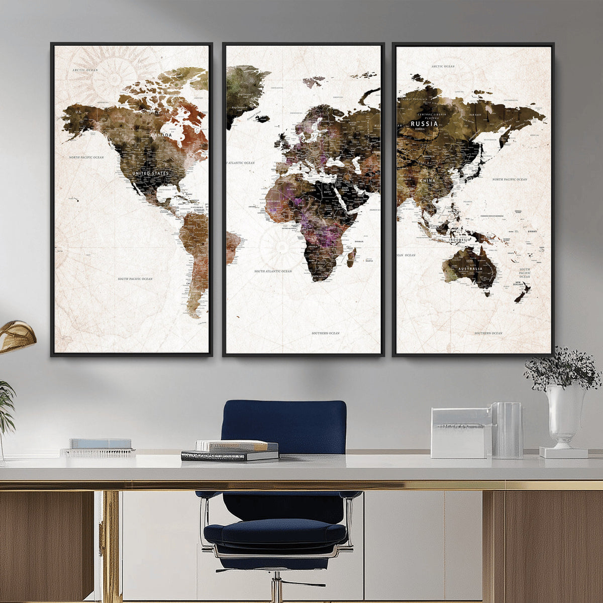77651968-MGV-CV-36X24 - Watercolor World Map Print - Large Wall Art Canvas Print for