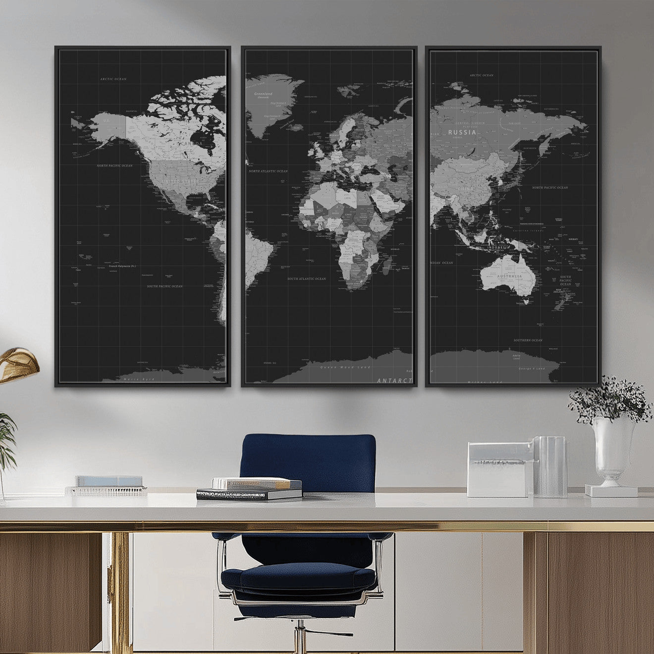 46160121-MGV-CV-36X24 - World Map Wall Art Canvas Print, Modern Decorative Framed Map Artwork Prints for Living Room, Office, Bedroom Wall Decor