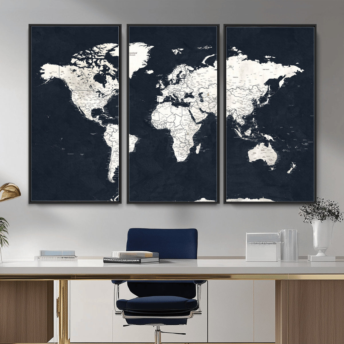 11963807-MGV-CV-36X24 - Black World Map Wall Art Canvas Print for Home Office and Meeting Room Decor