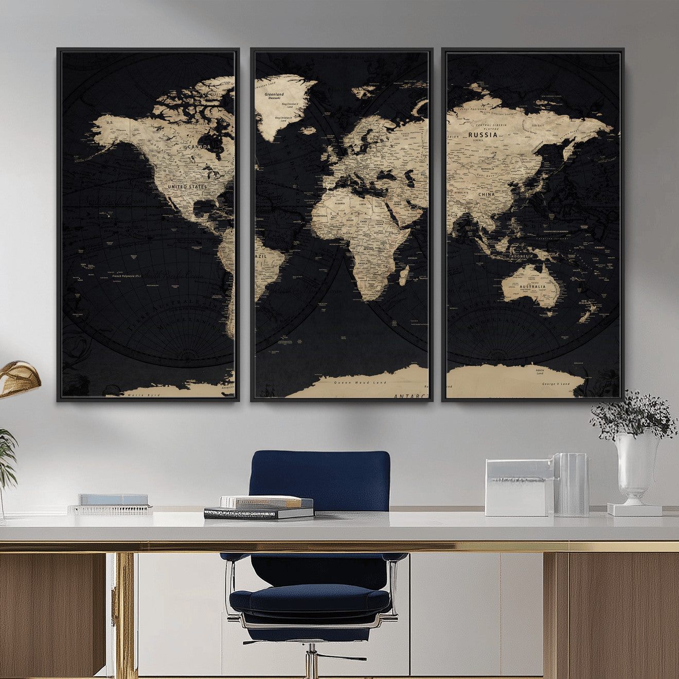 61835687-MGV-CV-36X24 - World Map Wall Art Canvas Print, Modern Decorative Framed Map Artwork Prints for Living Room, Office, Bedroom Wall Decor