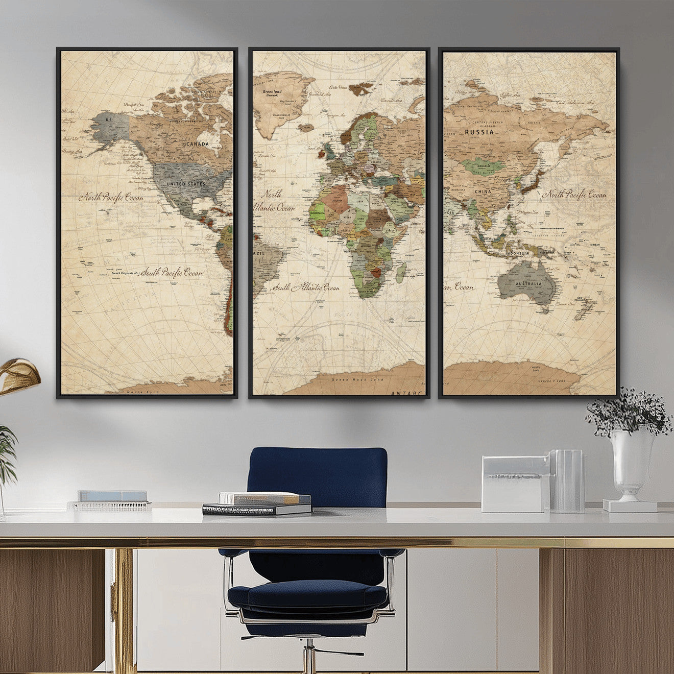 16856902-MGV-CV-36X24 - World Map Wall Art Canvas Print, Modern Decorative Framed Map Artwork Prints for Living Room, Office, Bedroom Wall Decor