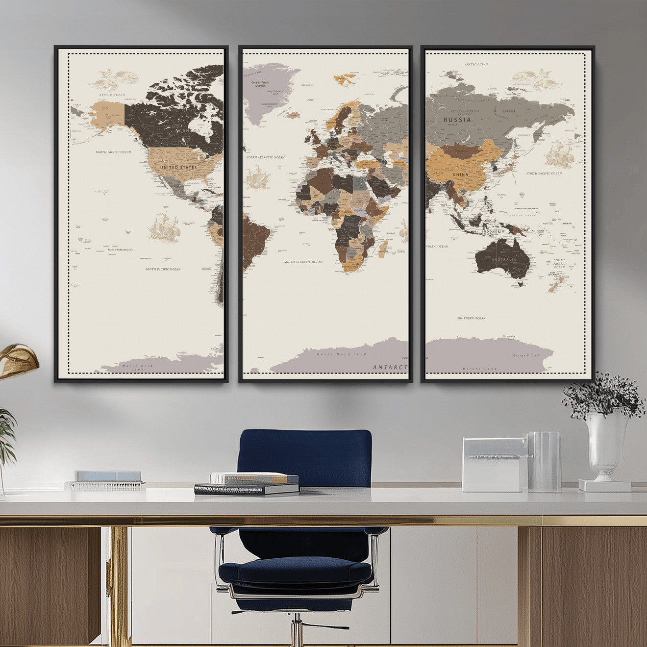 58777746-MGV-CV-36X24 - World Map Wall Art Canvas Print, Modern Decorative Framed Map Artwork Prints for Living Room, Office, Bedroom Wall Decor