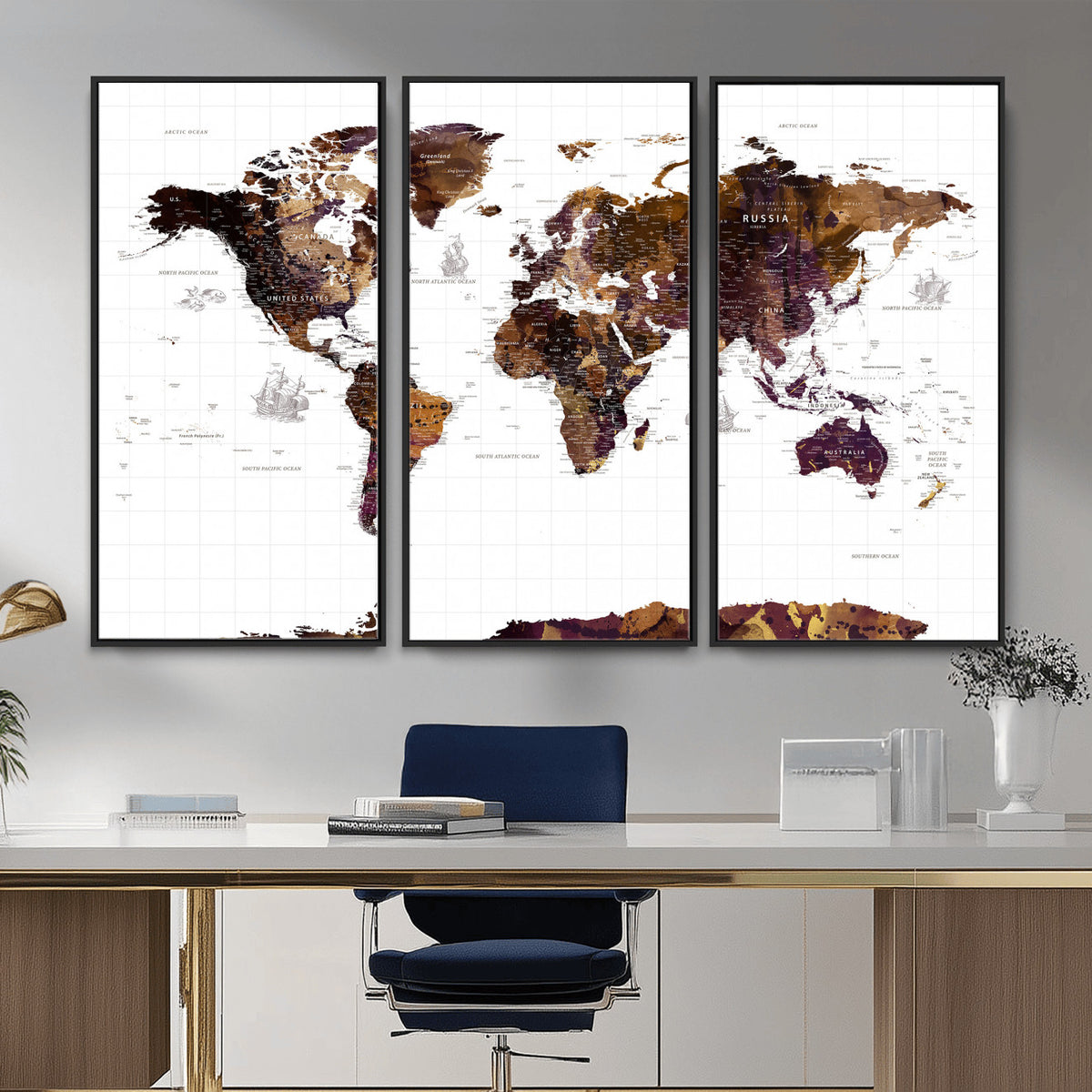34792695-MGV-CV-36X24 - Rustic World Map Wall Art Canvas Print | Large Vintage Blue World Map on Wood Grain Style Background