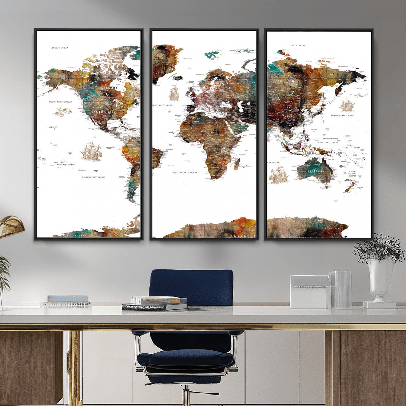 82293175-MGV-CV-36X24 - World Map Wall Art Canvas Print, Modern Decorative Framed Map Artwork Prints for Living Room, Office, Bedroom Wall Decor