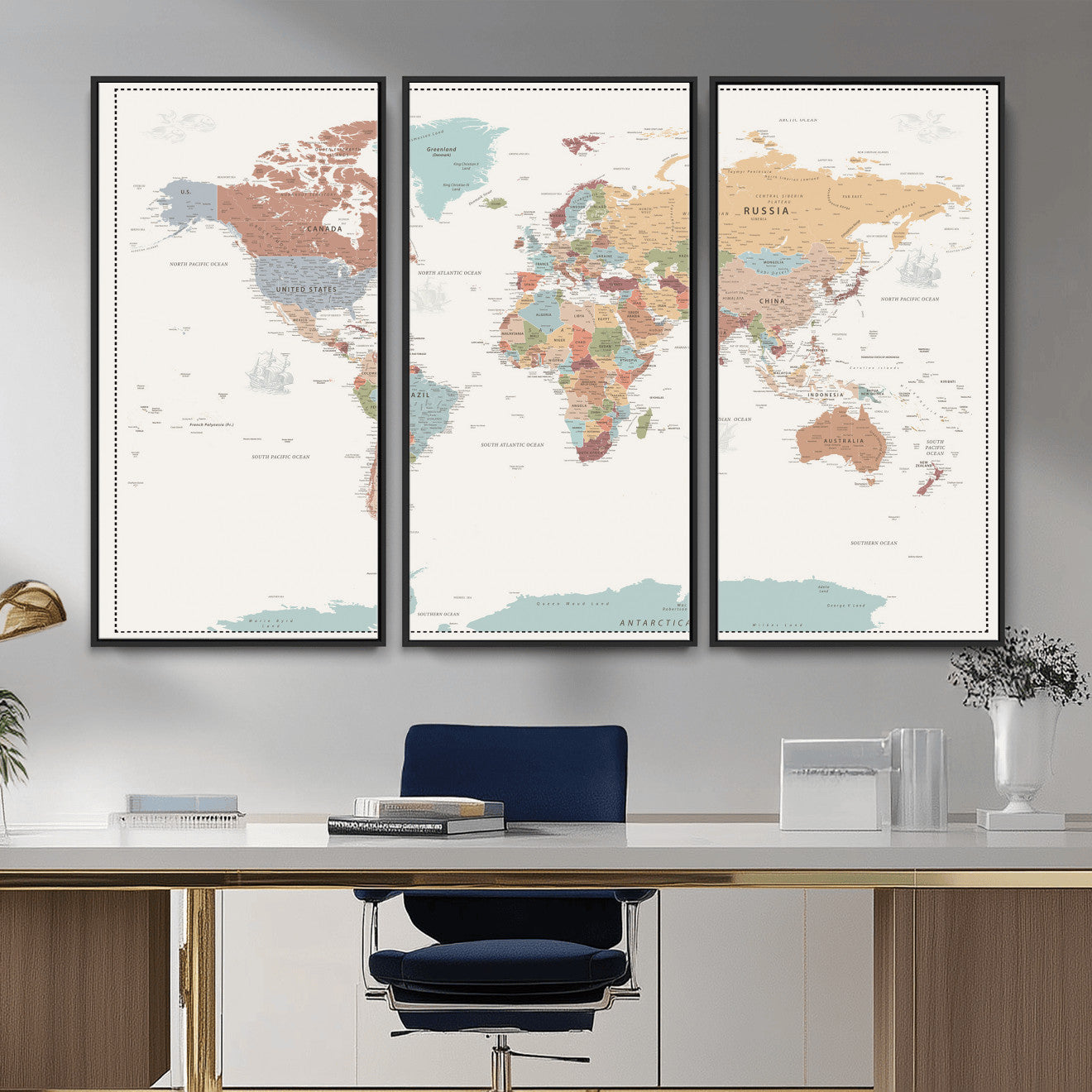 63447567-MGV-CV-36X24 - World Map Wall Art Canvas Print, Modern Decorative Framed Map Artwork Prints for Living Room, Office, Bedroom Wall Decor