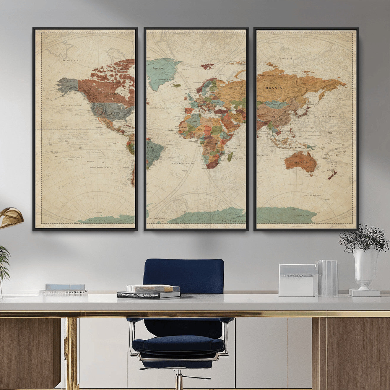 74172497-MGV-CV-36X24 - World Map Wall Art Canvas Print, Modern Decorative Framed Map Artwork Prints for Living Room, Office, Bedroom Wall Decor