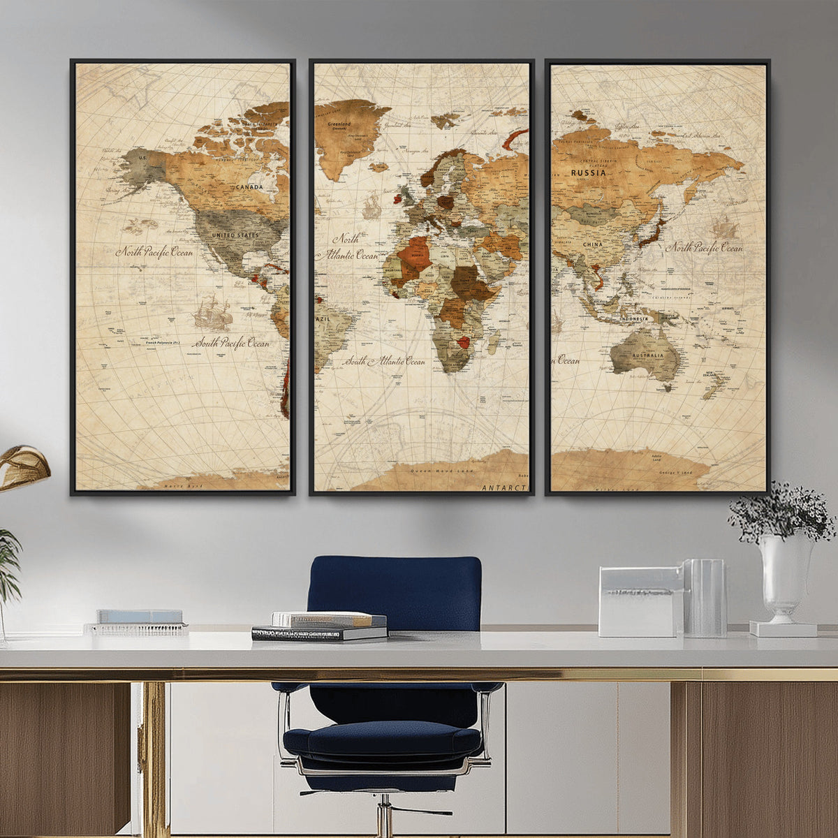 29684537-MGV-CV-36X24 - Vintage World Map Canvas Print, Framed Rustic Detailed Map of the World, Explorer Decor