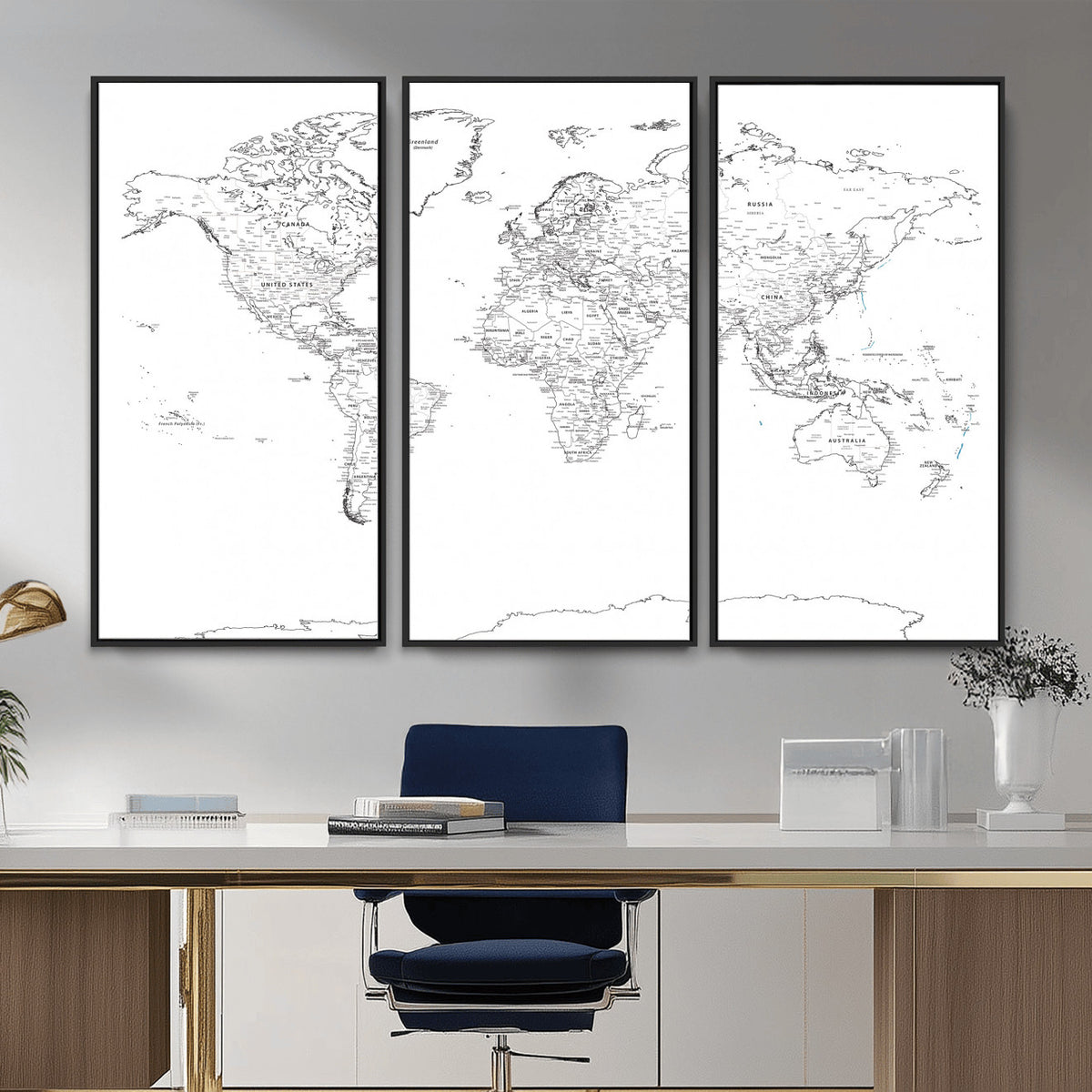 21002736-MGV-CV-36X24 - World Map Canvas Print, Framed Modern Detailed Map of the World for Home or Office