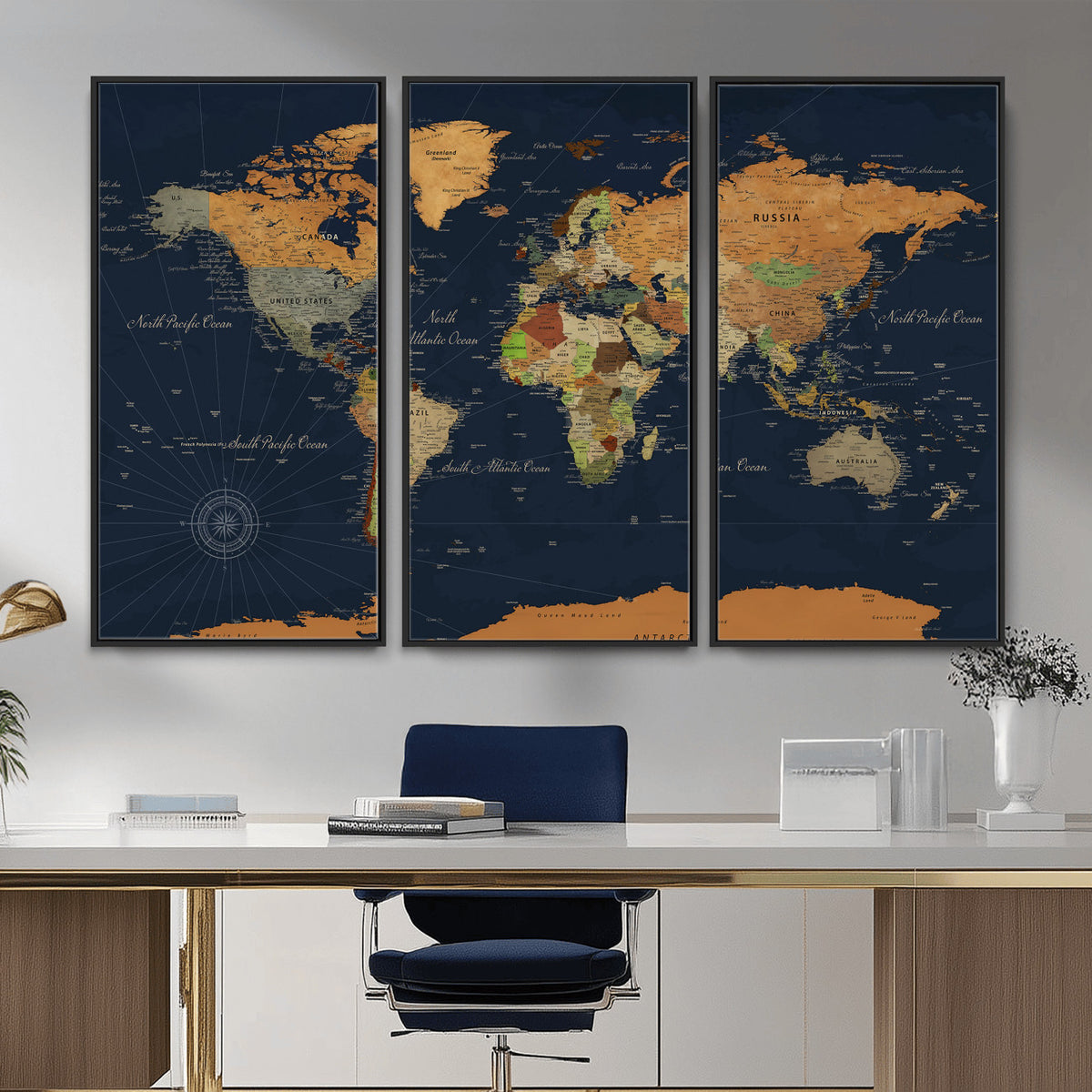 11715182-MGV-CV-36X24 - Modern World Map Canvas Print, Framed Detailed Map of the World Wall Art