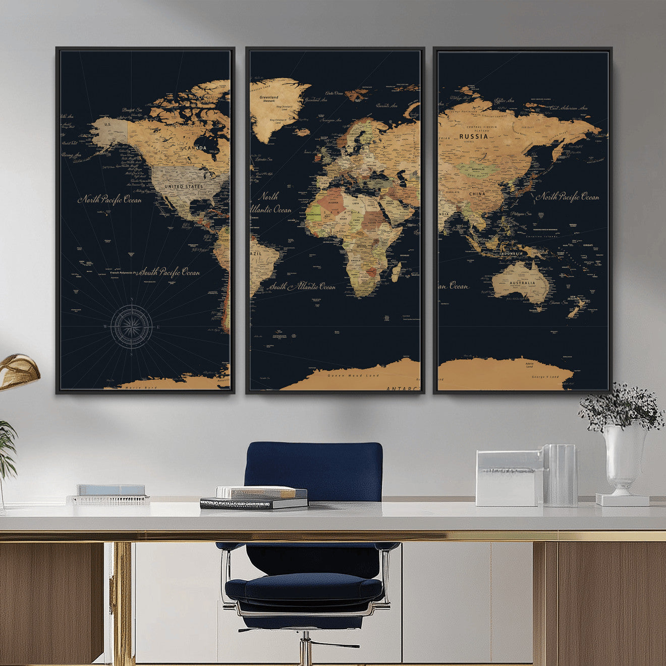 87280374-MGV-CV-36X24 - World Map Wall Art Canvas Print, Modern Decorative Framed Map Artwork Prints for Living Room, Office, Bedroom Wall Decor