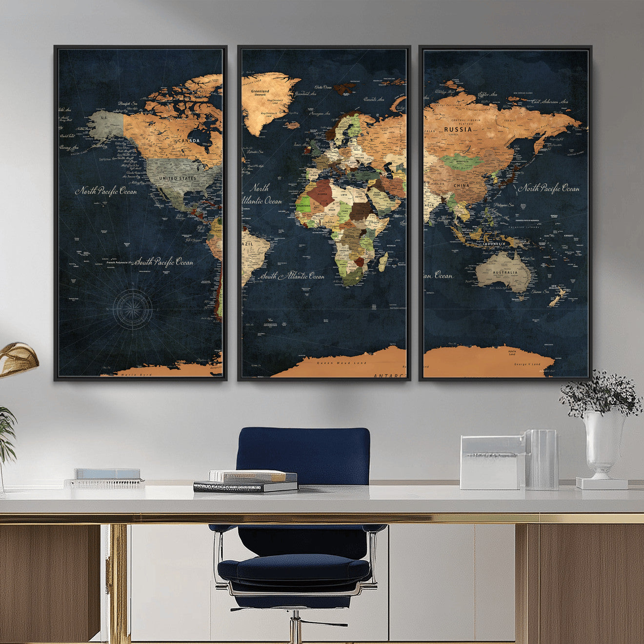 53717402-MGV-CV-36X24 - World Map Wall Art Canvas Print, Modern Decorative Framed Map Artwork Prints for Living Room, Office, Bedroom Wall Decor
