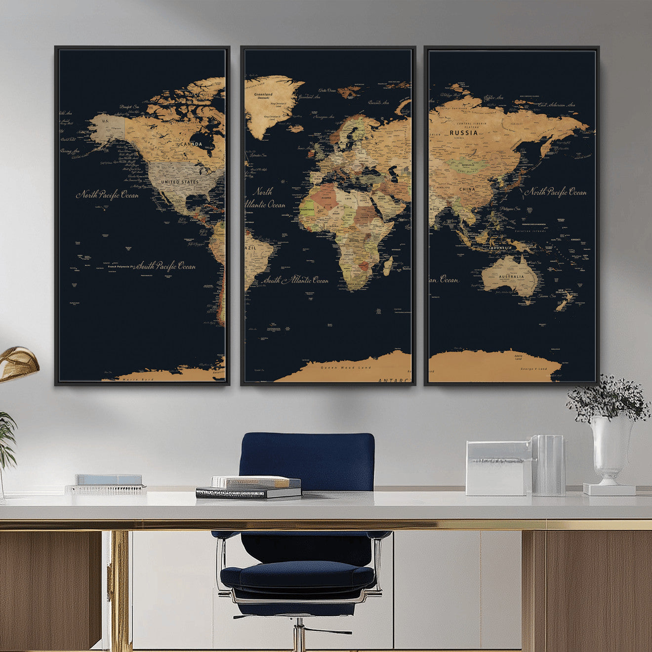 36916368-MGV-CV-36X24 - World Map Wall Art Canvas Print, Modern Decorative Framed Map Artwork Prints for Living Room, Office, Bedroom Wall Decor