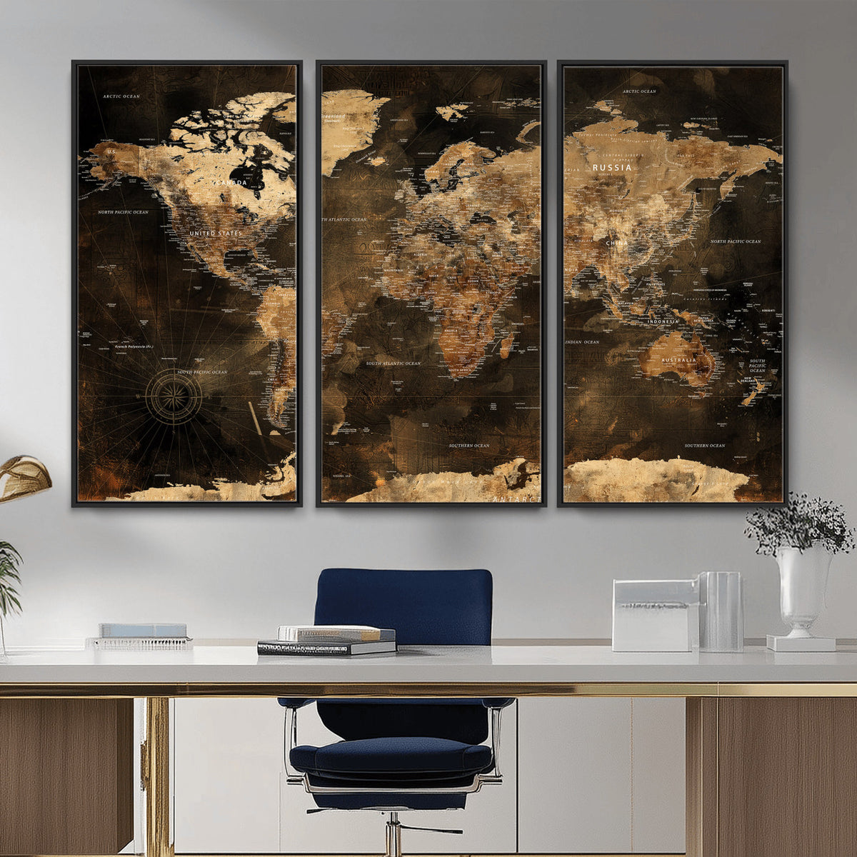 97742922-MGV-CV-36X24 - World Map Canvas Print, Modern Decorative Framed Map Artwork