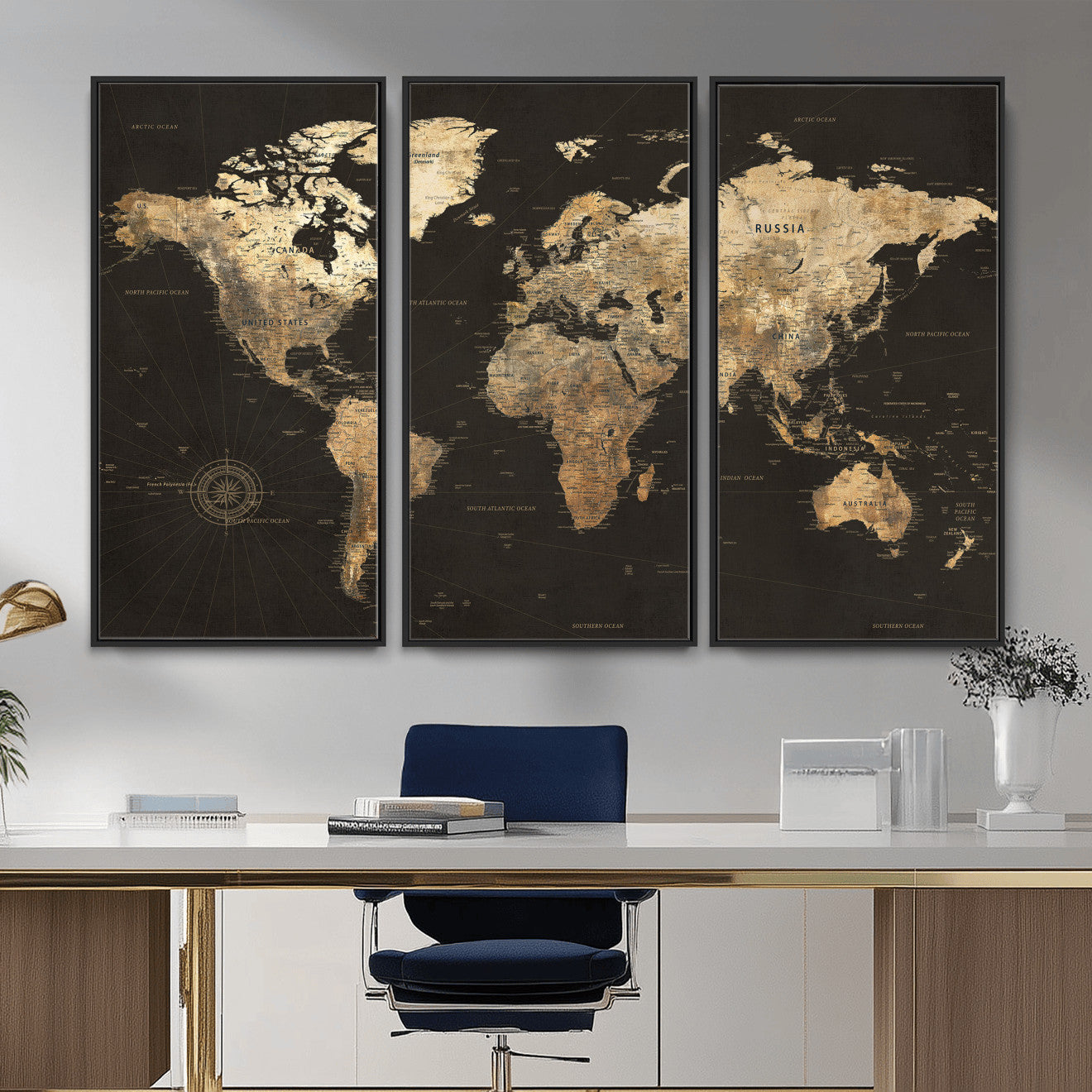 70985630-MGV-CV-36X24 - World Map Wall Art Canvas Print, Modern Decorative Framed Map Artwork Prints for Living Room, Office, Bedroom Wall Decor