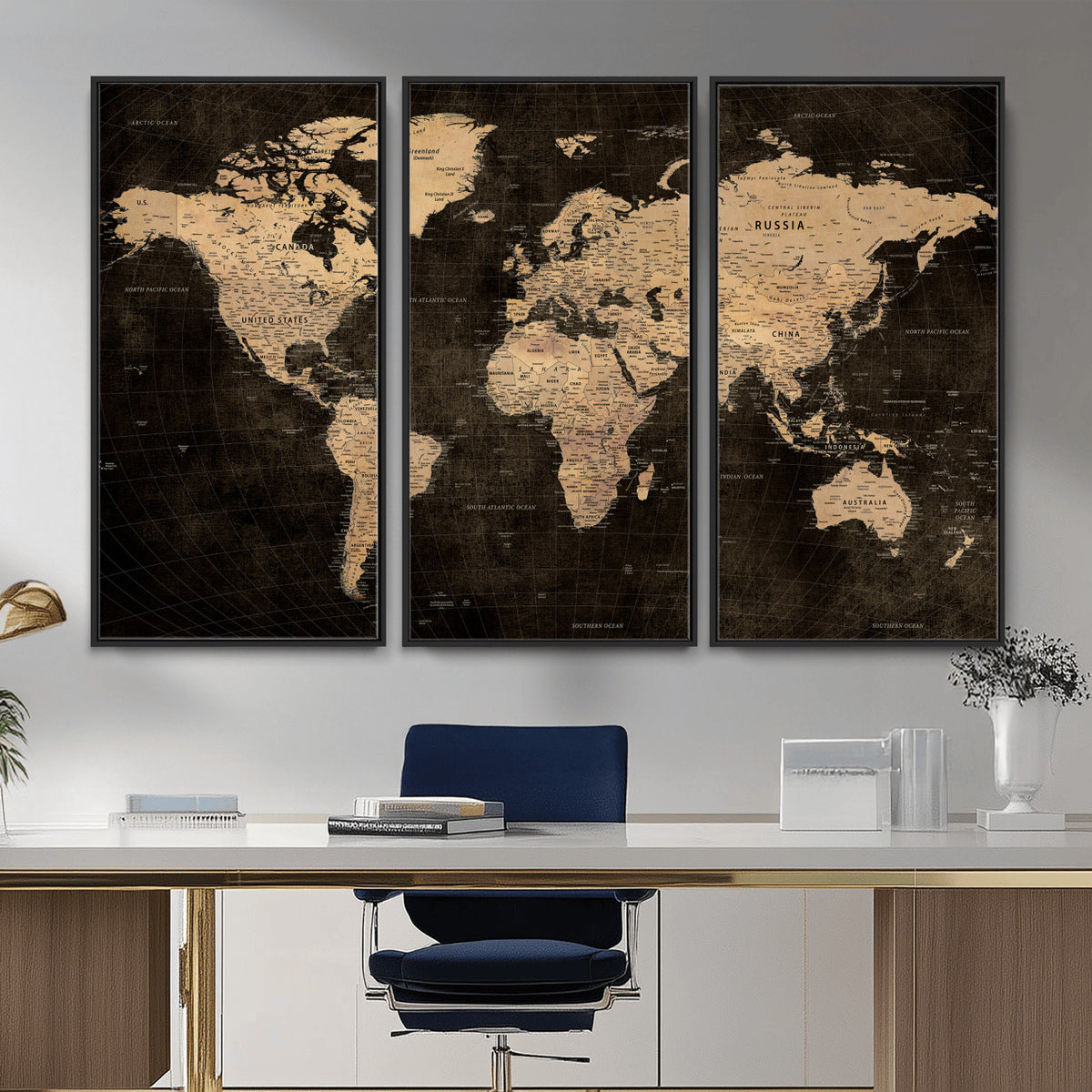 15118265-MGV-CV-36X24 - Brown World Map Canvas Print | Modern Travel Map Wall Art