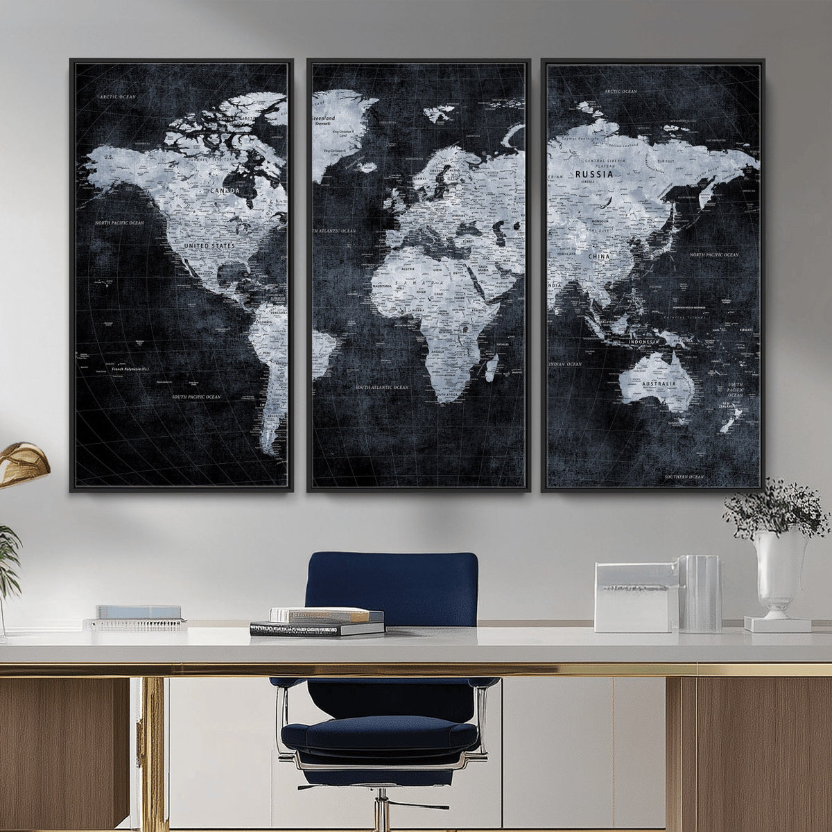 86893704-MGV-CV-36X24 - Black World Map Canvas Print | Detailed Map for Couples and Anniversary Gift