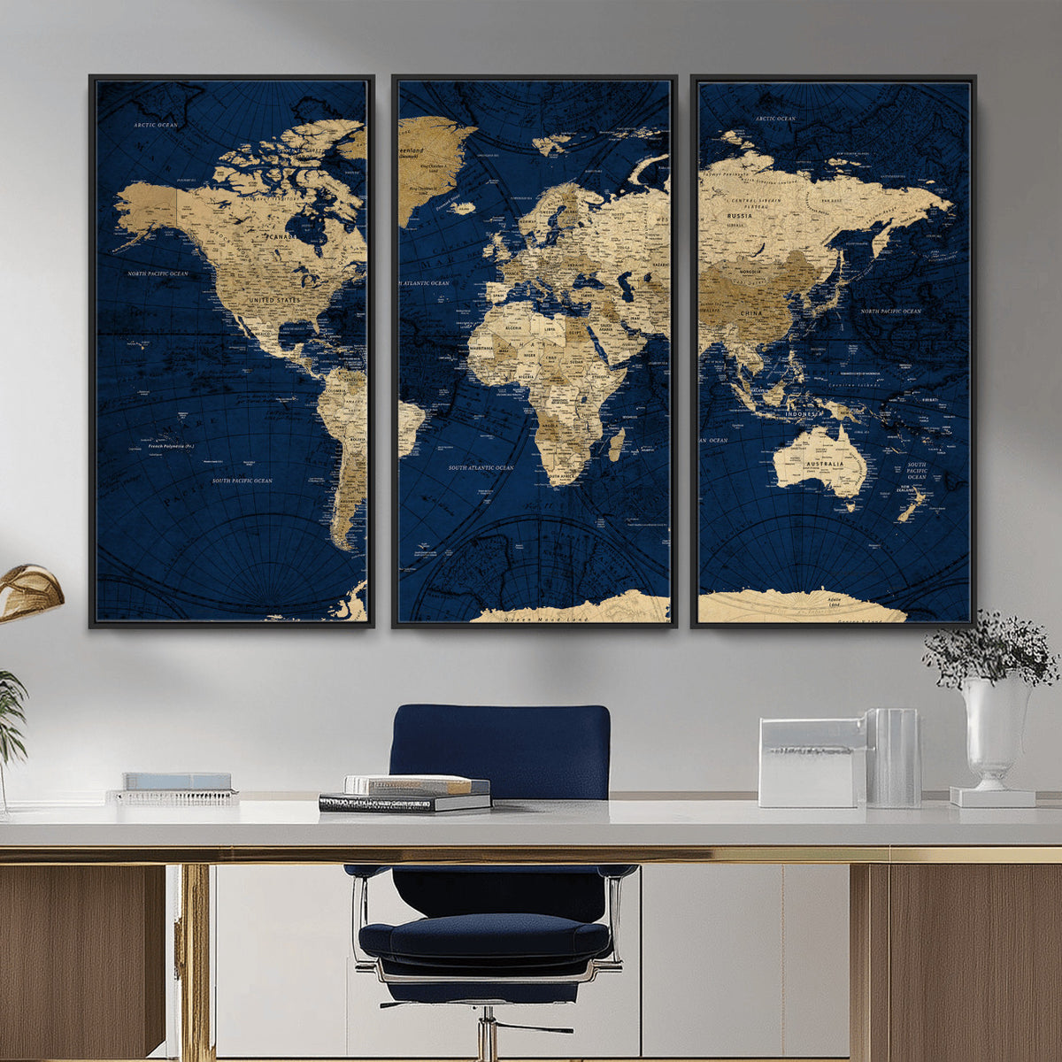 54770746-MGV-CV-36X24 - Navy Blue World Map Canvas Print – Detailed Map Minimal Navy