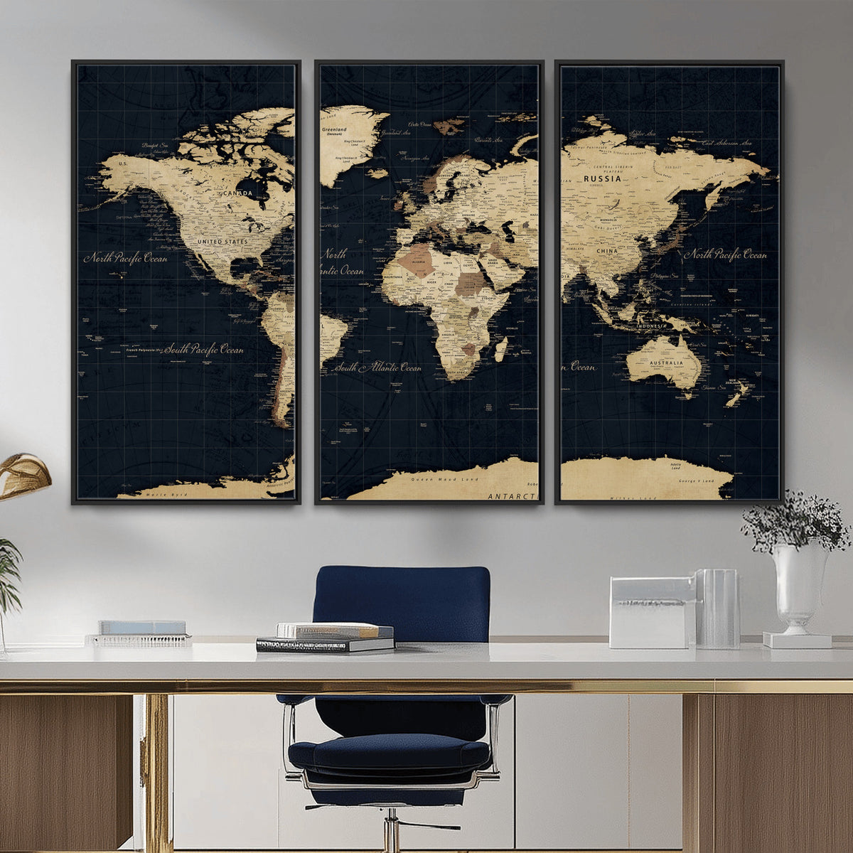45063434-MGV-CV-36X24 - Dark World Map Canvas Wall Art Print, Minimal Black and Gold Map