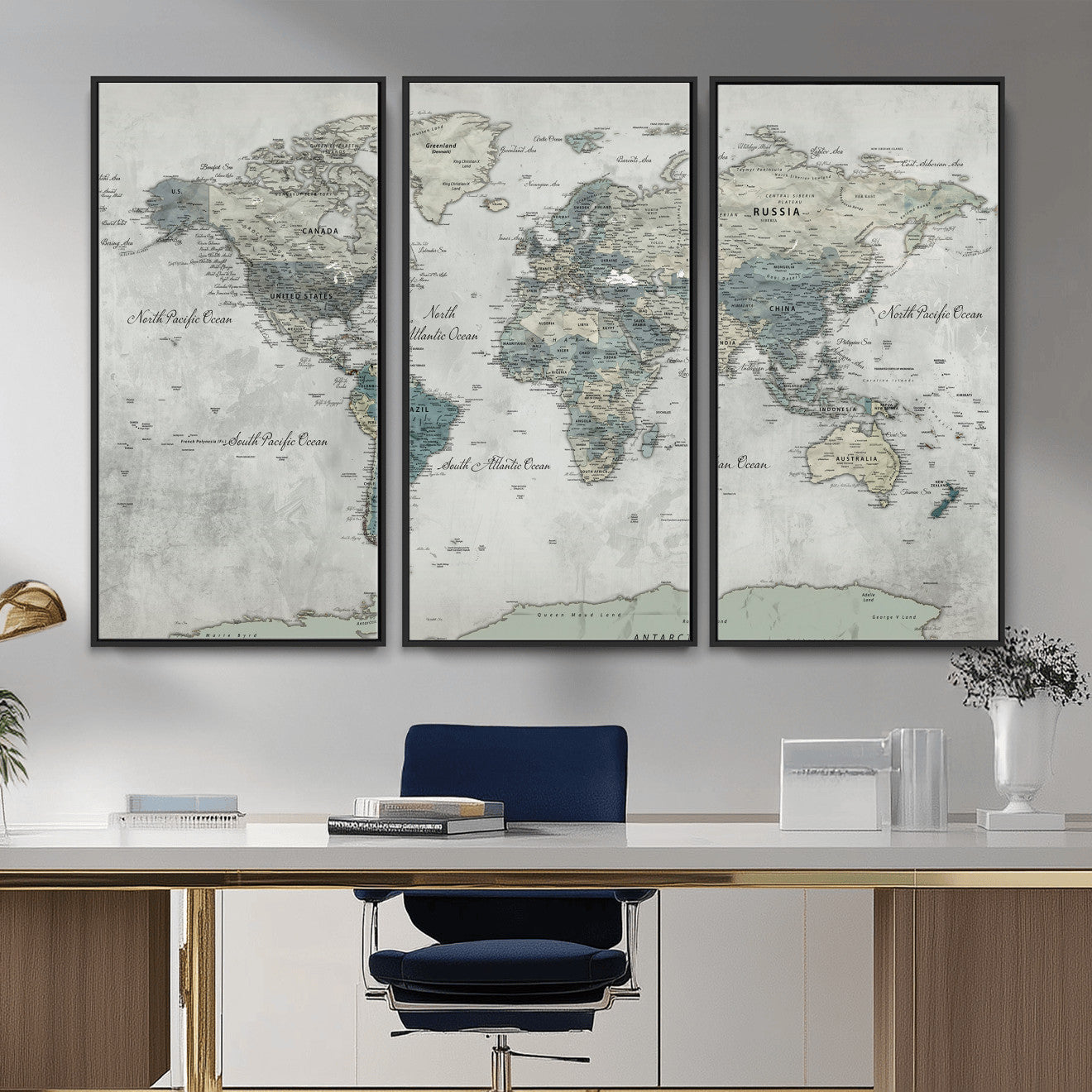 91132939-MGV-CV-36X24 - World Map Wall Art Canvas Print, Modern Decorative Framed Map Artwork Prints for Living Room, Office, Bedroom Wall Decor