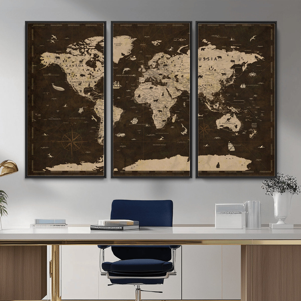 44276398-MGV-CV-36X24 - World Map Wall Art Canvas Print, Modern Decorative Framed Map Artwork Prints for Living Room, Office, Bedroom Wall Decor