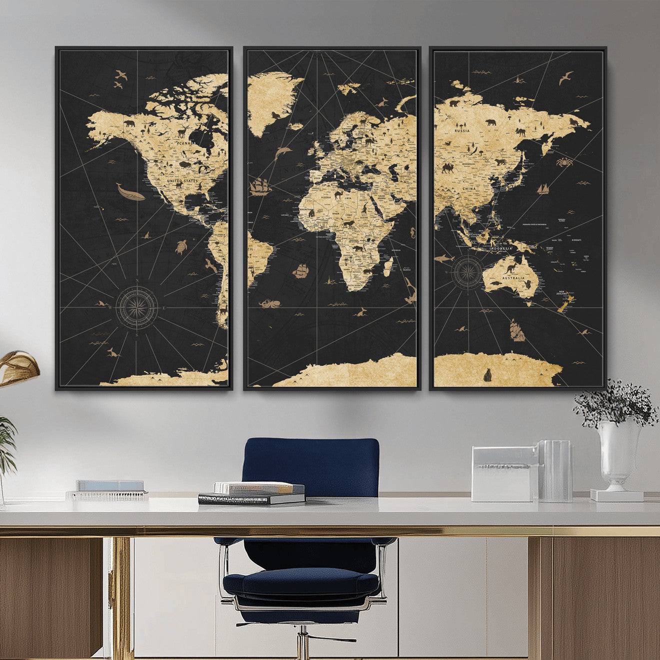 80270976-MGV-CV-36X24 - World Map Wall Art Canvas Print, Modern Decorative Framed Map Artwork Prints for Living Room, Office, Bedroom Wall Decor