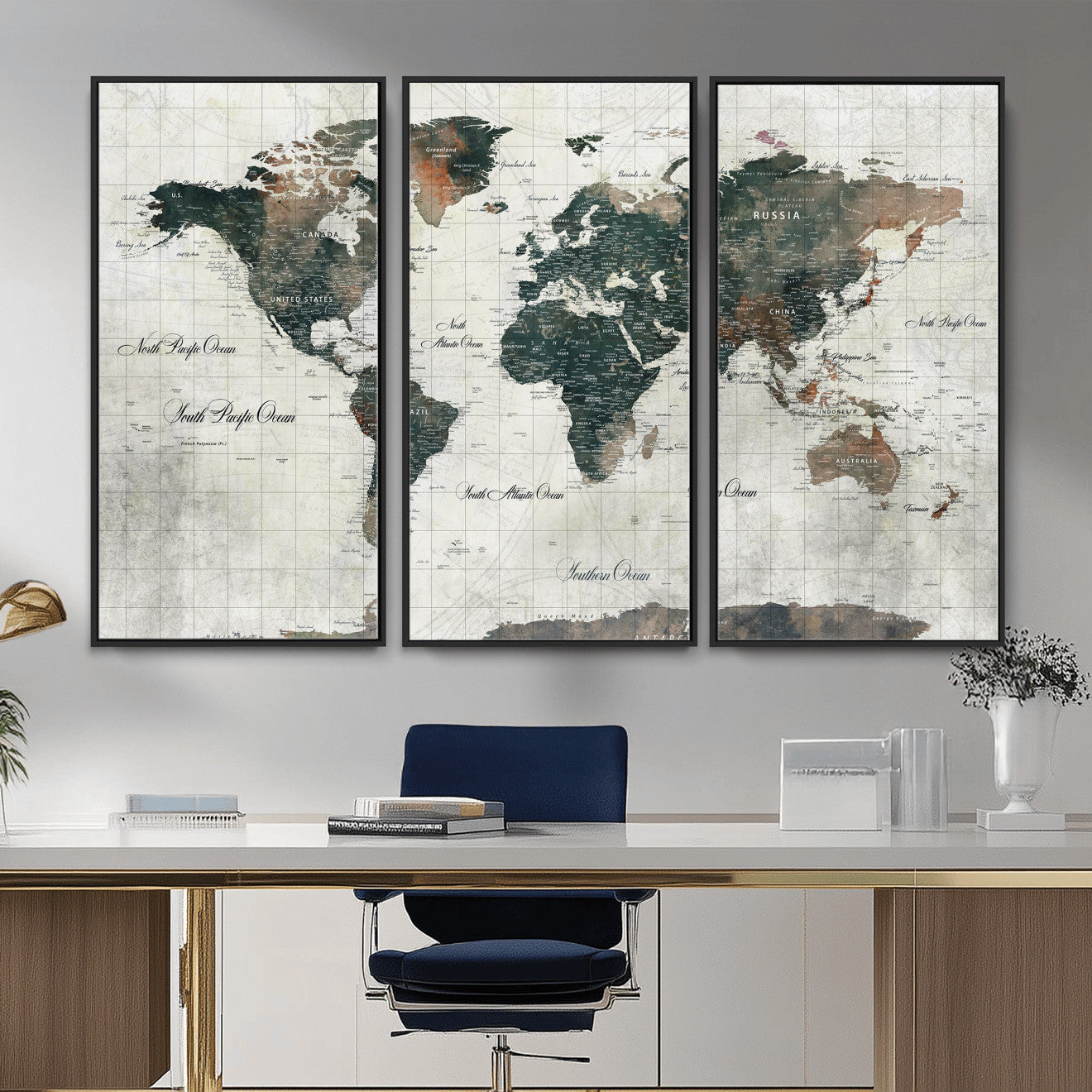 91179593-MGV-CV-36X24 - World Map Wall Art Canvas Print, Modern Decorative Framed Map Artwork Prints for Living Room, Office, Bedroom Wall Decor