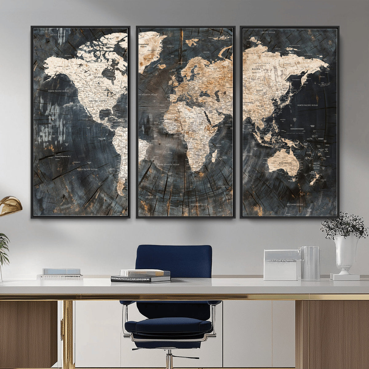 89162112-MGV-CV-36X24 - World Map Wall Art Canvas Print, Modern Decorative Framed Map Artwork Prints for Living Room, Office, Bedroom Wall Decor