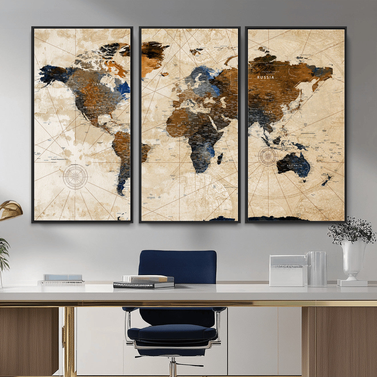 15727090-MGV-CV-36X24 - World Map Wall Art Canvas Print, Modern Decorative Framed Map Artwork Prints for Living Room, Office, Bedroom Wall Decor