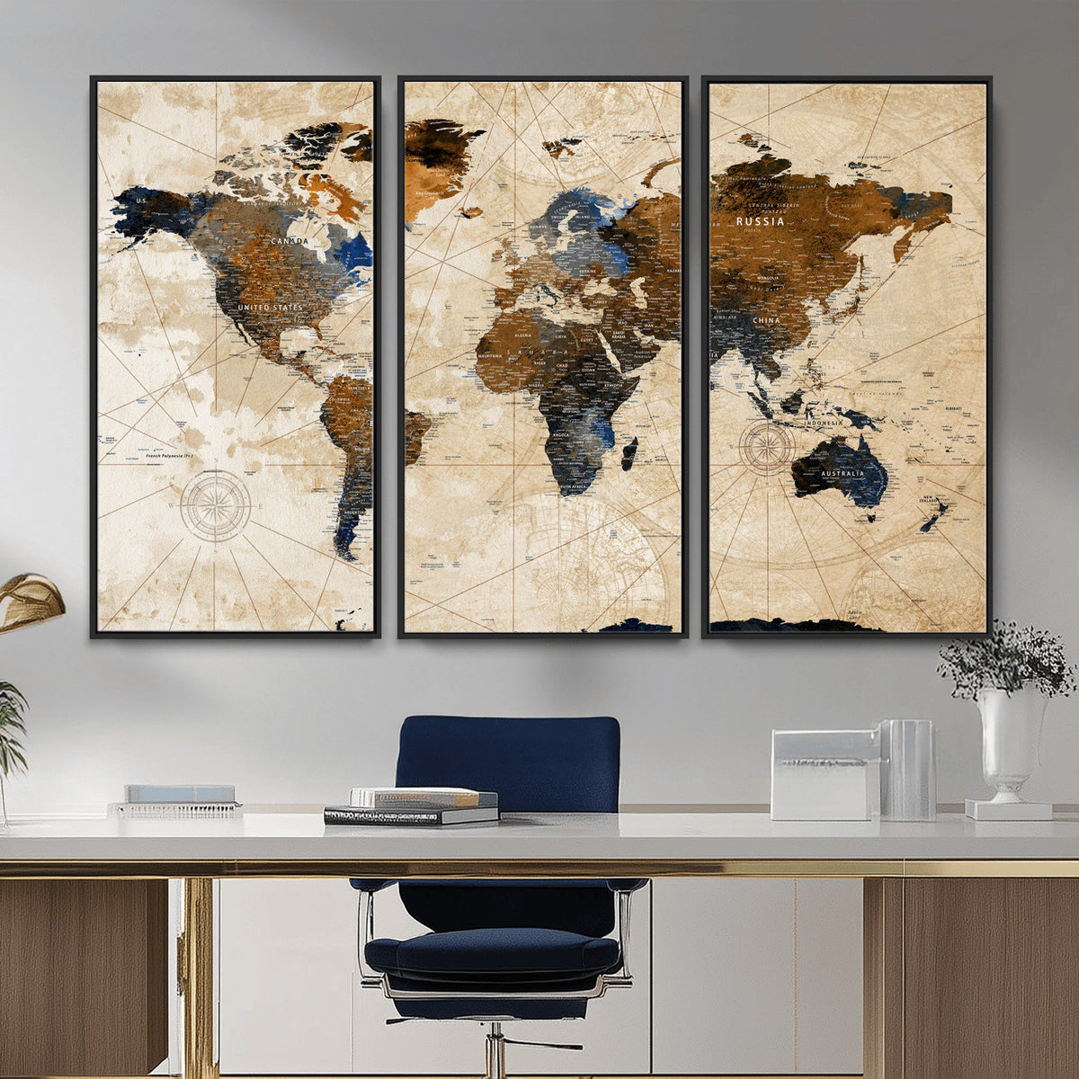 15727090-MGV-CV-36X24 - World Map Wall Art Canvas Print, Modern Decorative Framed Map Artwork Prints for Living Room, Office, Bedroom Wall Decor