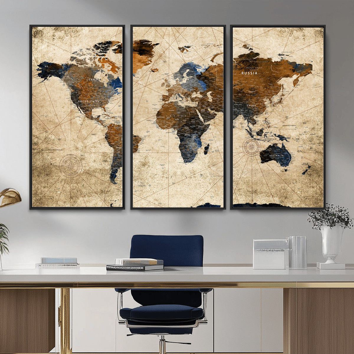 27163414-MGV-CV-36X24 - World Map Wall Art – Rustic Earth Tone Canvas Print, Antique
