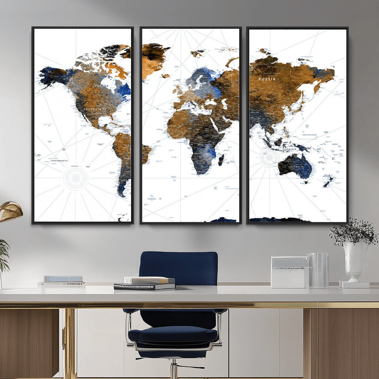 56364879-MGV-CV-36X24 - World Map Wall Art Canvas Print, Modern Decorative Framed Map Artwork Prints for Living Room Decor