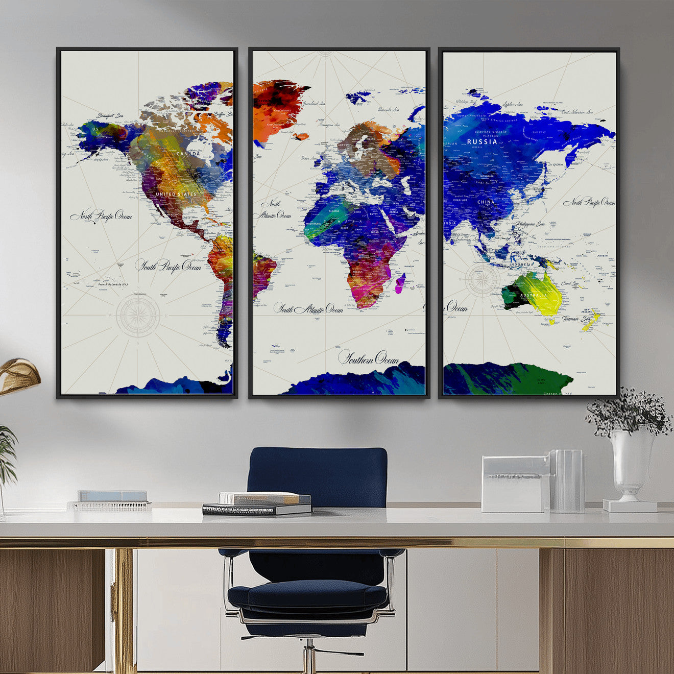 49670038-MGV-CV-36X24 - World Map Wall Art Canvas Print, Modern Decorative Framed Map Artwork Prints for Living Room, Office Decor