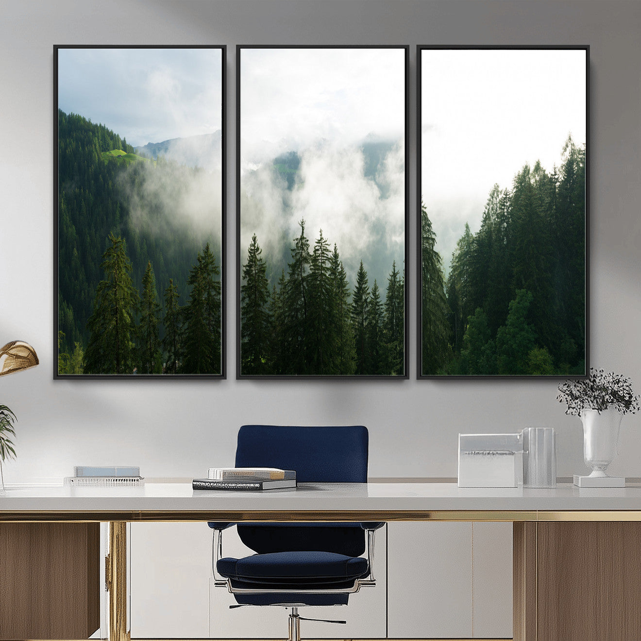 67174129-MGV-CV-36X24 - Misty Mountain Forest Canvas Print, Foggy Pine Trees Nature Wall Art, Framed Canvas Ready to Hang
