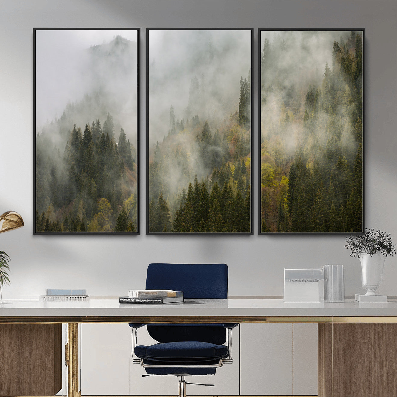 31152954-MGV-CV-36X24 - Misty Mountain Forest Canvas Print, Foggy Pine Trees Nature Wall Art, Framed Canvas Ready to Hang