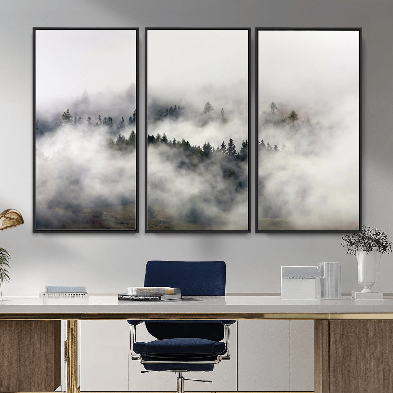 63235457-MGV-CV-36X24 - Foggy Forest Wall Art Canvas Print, Misty Pine Tree Landscape Wall Art Print, Framed Wall Art Ready to Hang