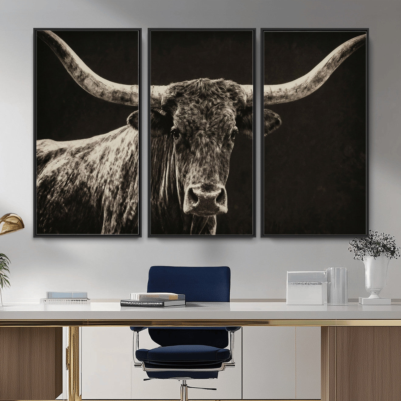 74513721-MGV-CV-36X24 - Vintage Texas Longhorn Bull Wall Art Canvas Print, Cow Portrait Photography Print, Framed Wall Art Ready to Hang