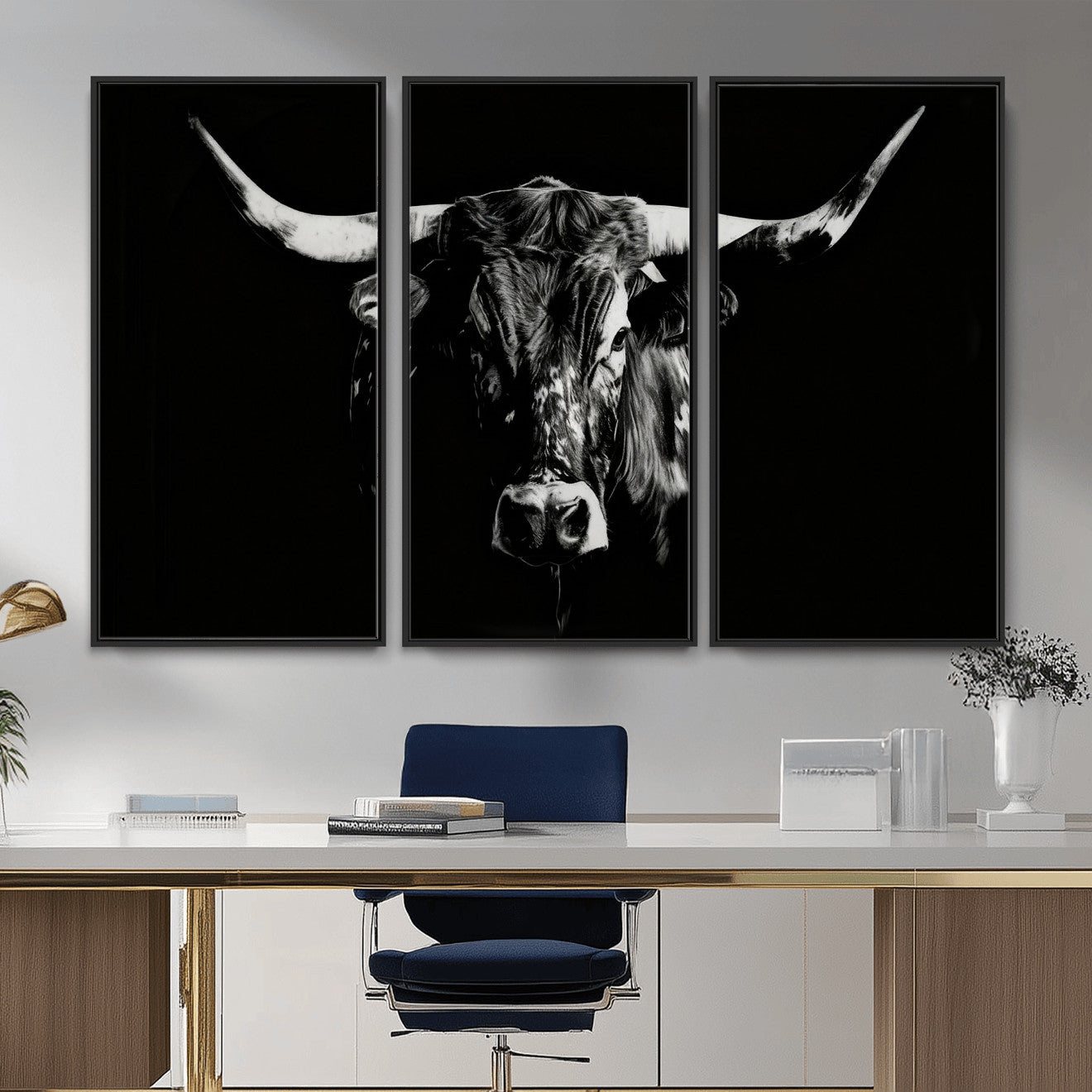 21436434-MGV-CV-36X24 - Black Bull Wall Art Canvas Print, Dark Longhorn Portrait Photography, Framed Wall Art Ready to Hang
