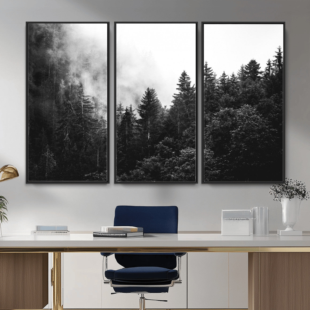 98764151-MGV-CV-36X24 - Black and White Forest Wall Art Canvas Print, Misty Pine Tree Landscape Photography, Framed Wall Art Ready to Hang