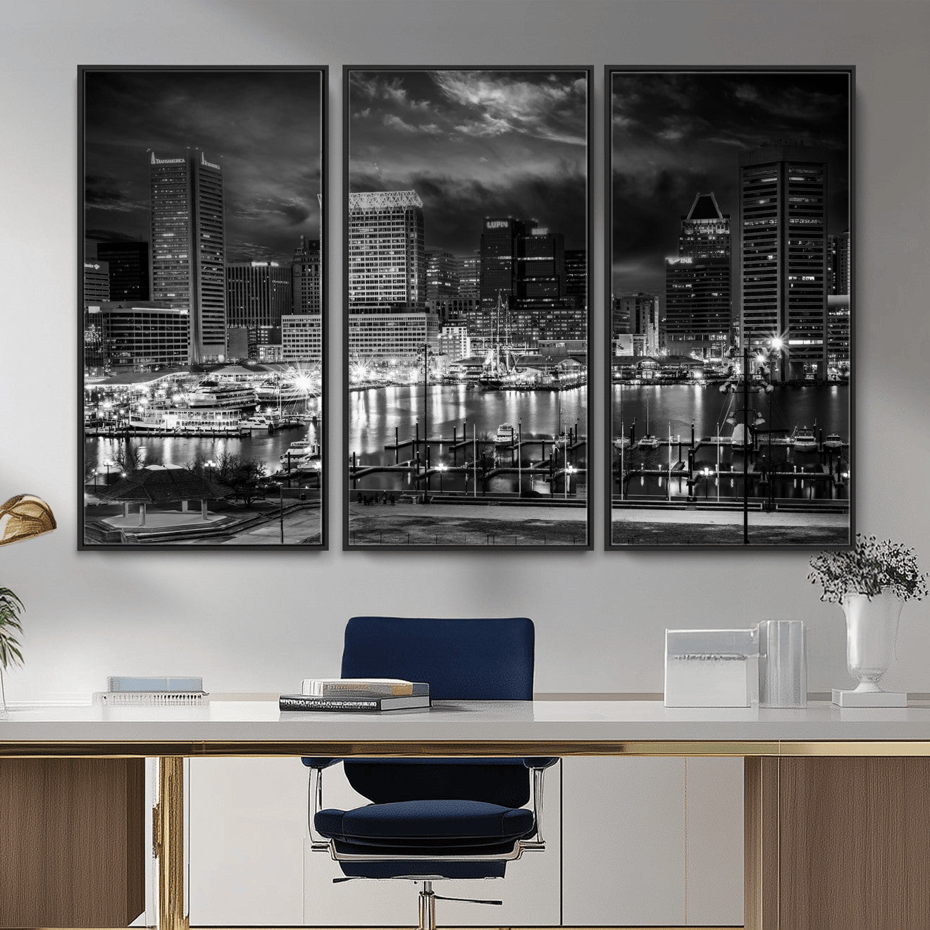79755655-MGV-CV-36X24 - Baltimore Skyline Wall Art Canvas Print, Baltimore Downtown Night Cityscape Print for Modern Urban Wall Decor