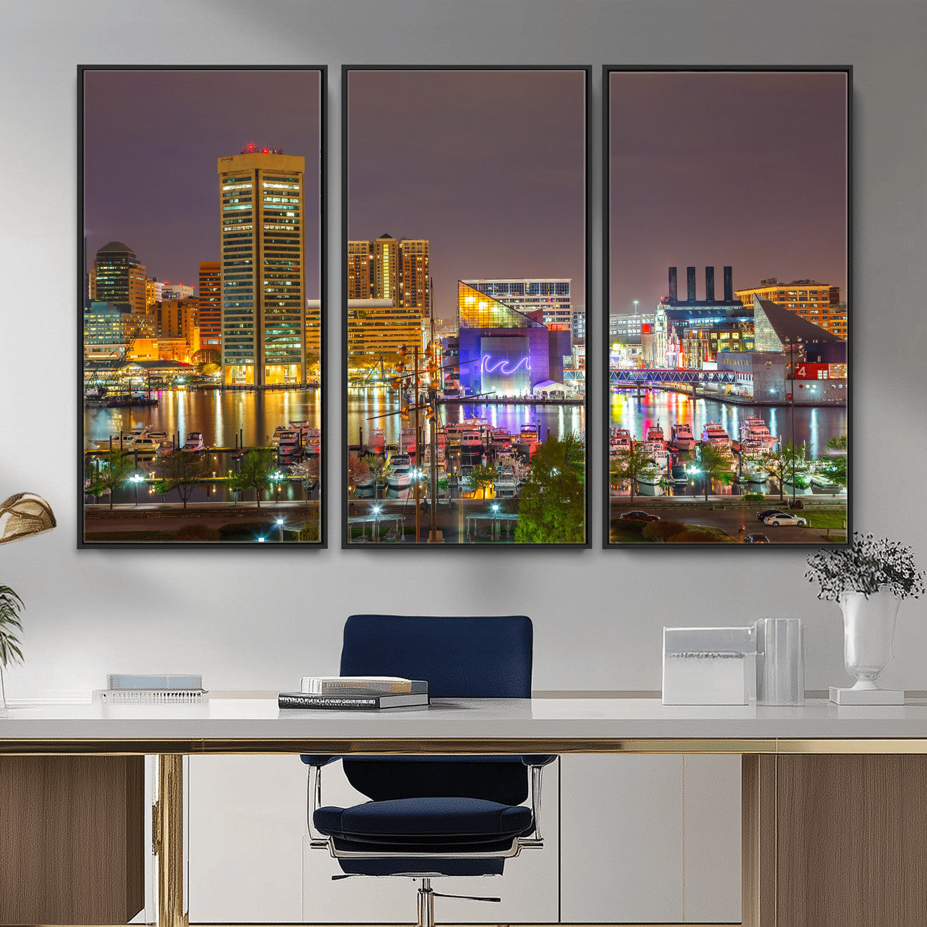 42654823-MGV-CV-36X24 - Baltimore Skyline Wall Art Canvas Print, Baltimore Downtown Night Cityscape Print for Modern Urban Wall Decor