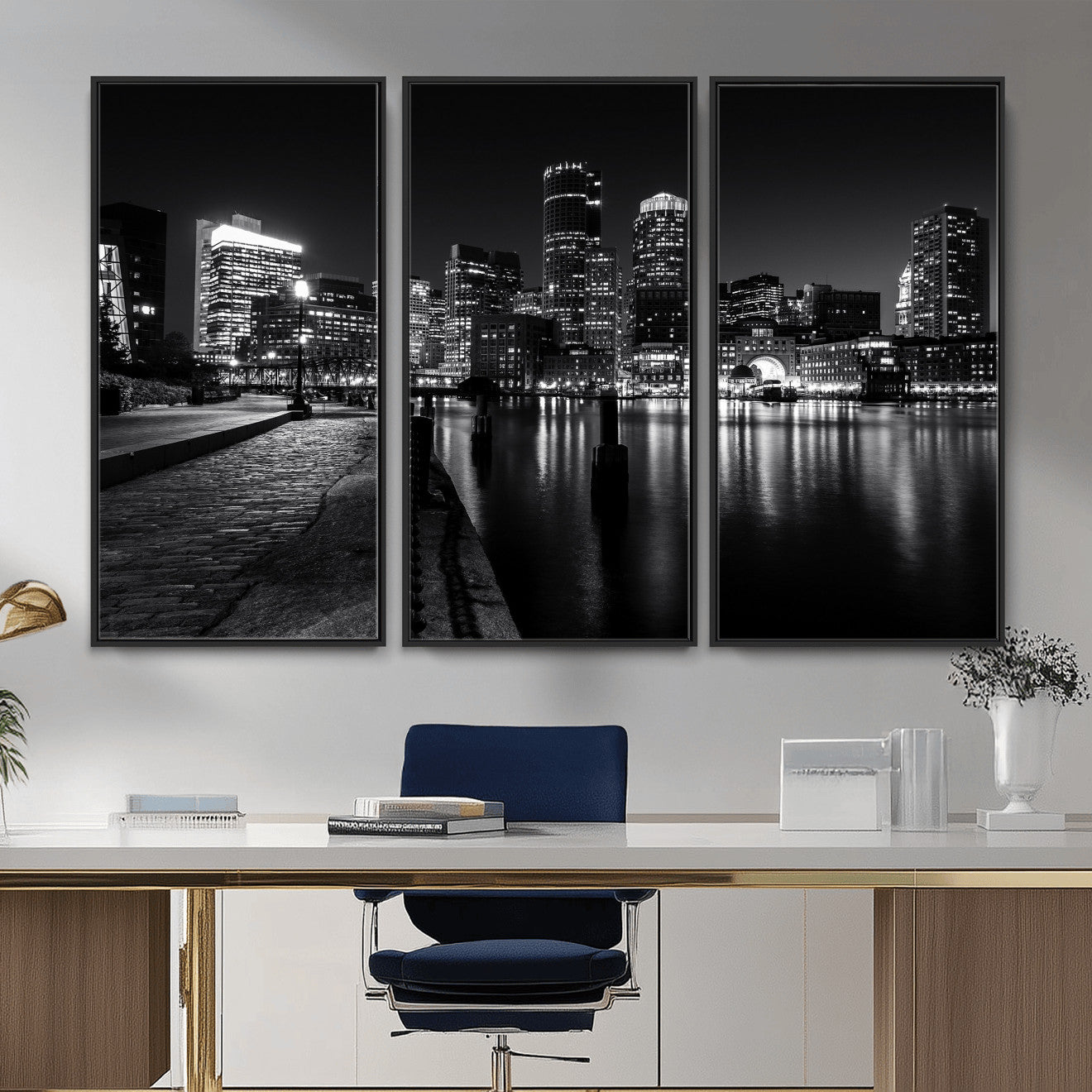 53082656-MGV-CV-36X24 - Boston Wall Art Canvas Print, Boston City Downtown Night Cityscape Print for Modern Urban Wall Decor