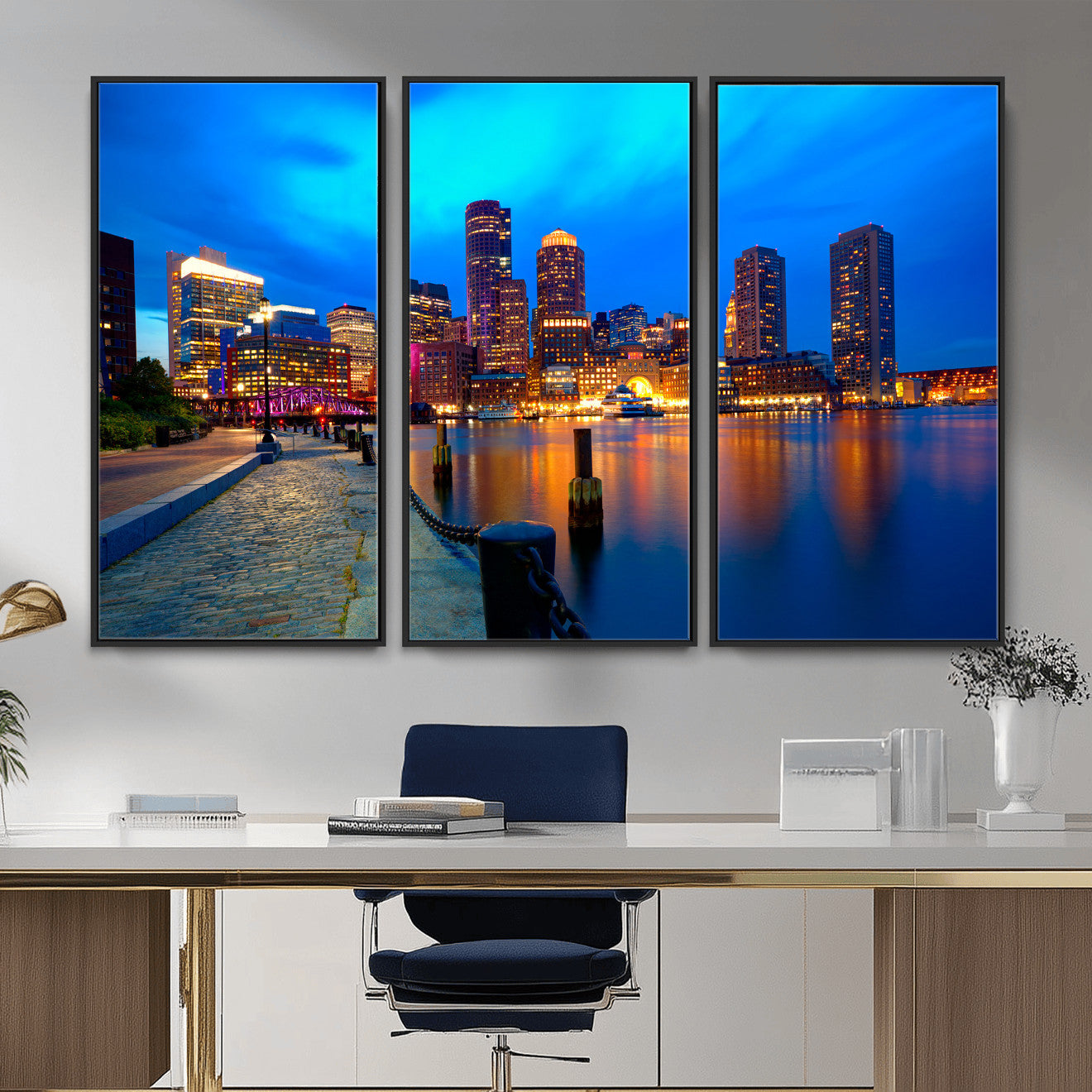 69619565-MGV-CV-36X24 - Boston Wall Art Canvas Print, Boston City Downtown Night Cityscape Print for Modern Urban Wall Decor