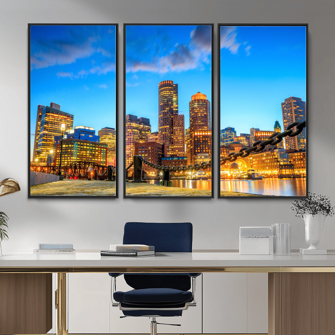 46736409-MGV-CV-36X24 - Boston Wall Art Canvas Print, Boston City Downtown Night Cityscape Print for Modern Urban Wall Decor