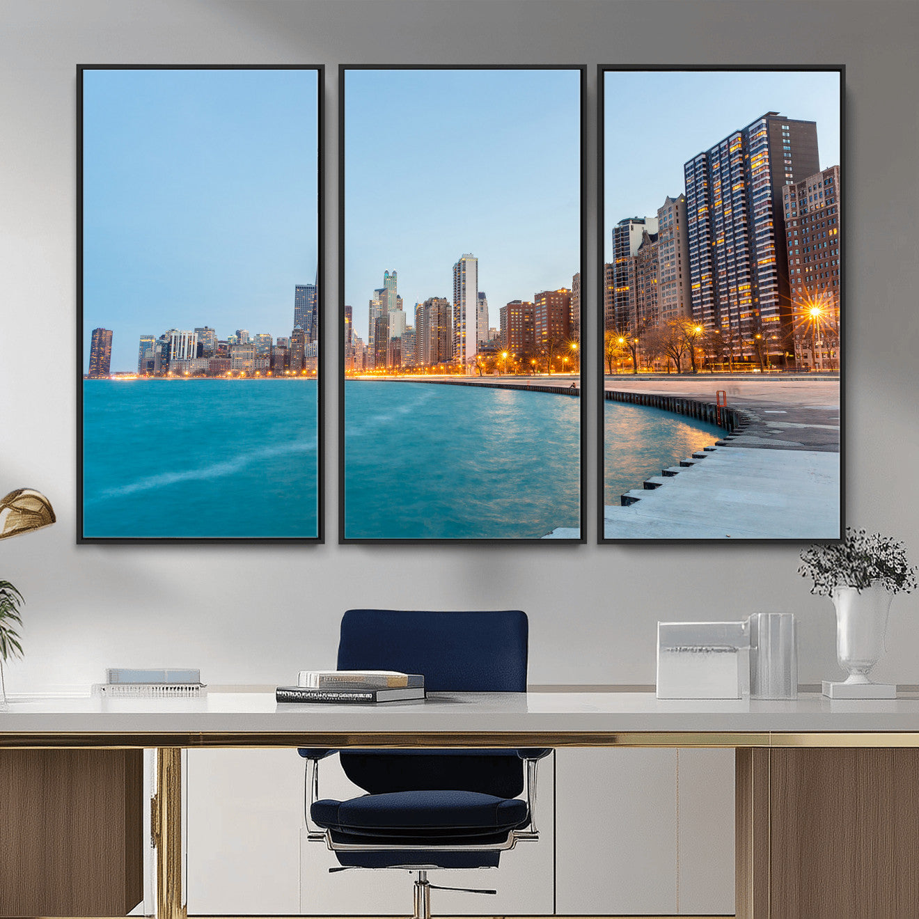 66780141-MGV-CV-36X24 - Chicago Wall Art Canvas Print, Chicago City Downtown Night Cityscape Print for Modern Urban Wall Decor