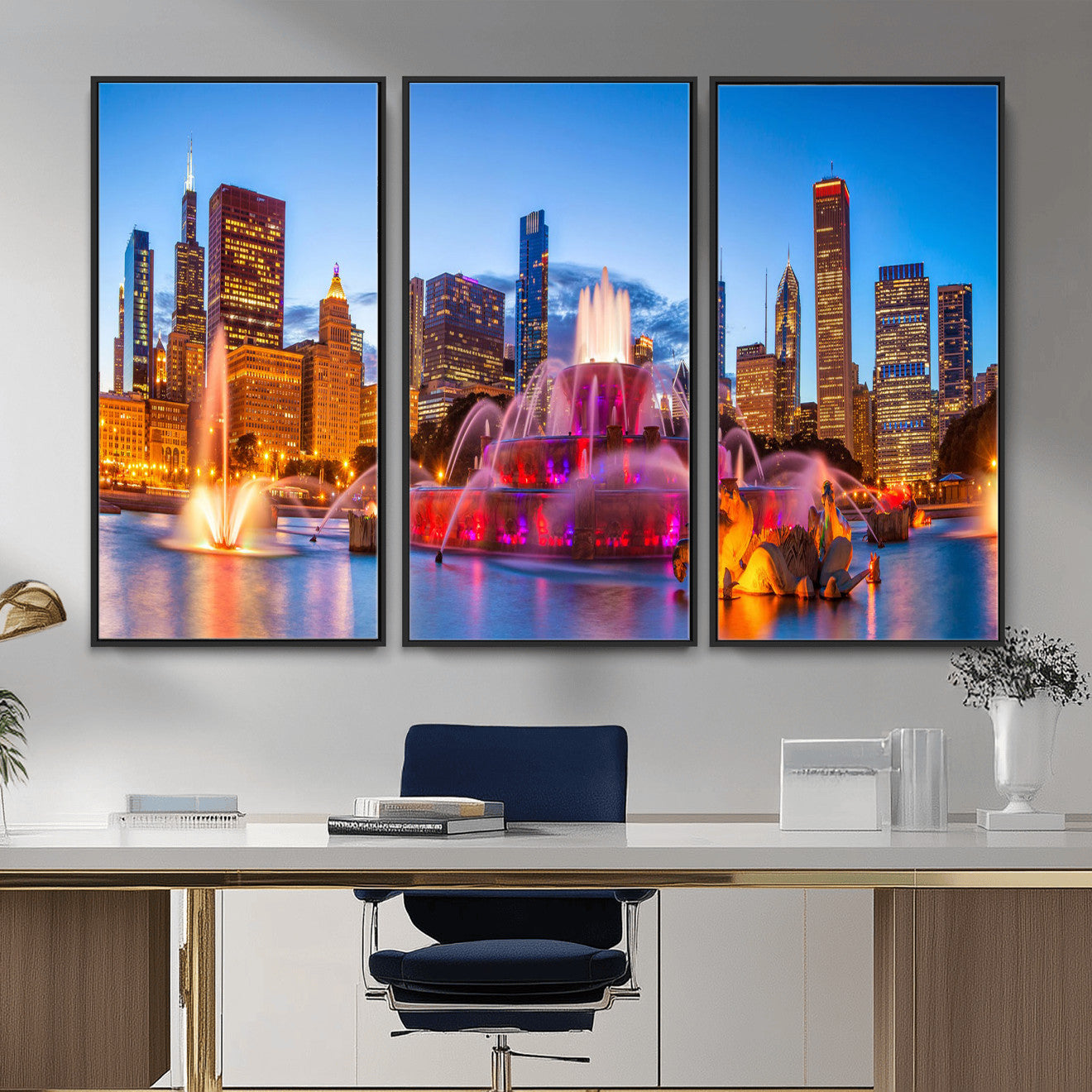 20251989-MGV-CV-36X24 - Chicago Wall Art Canvas Print, Chicago City Downtown Night Cityscape Print for Modern Urban Wall Decor